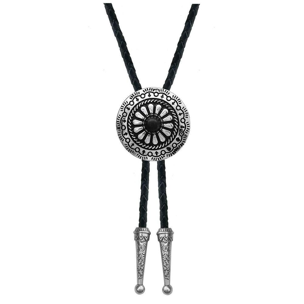 6047 Vintage American Western Cowboy Bolo Tie Indian Art Black Stone